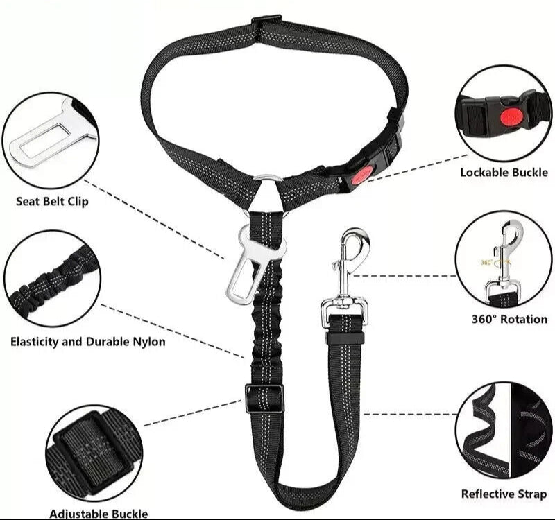 Dog Seat Belt for Car 3-In-1 Dog Leash Seatbelt Bungee Adjustable Reflective