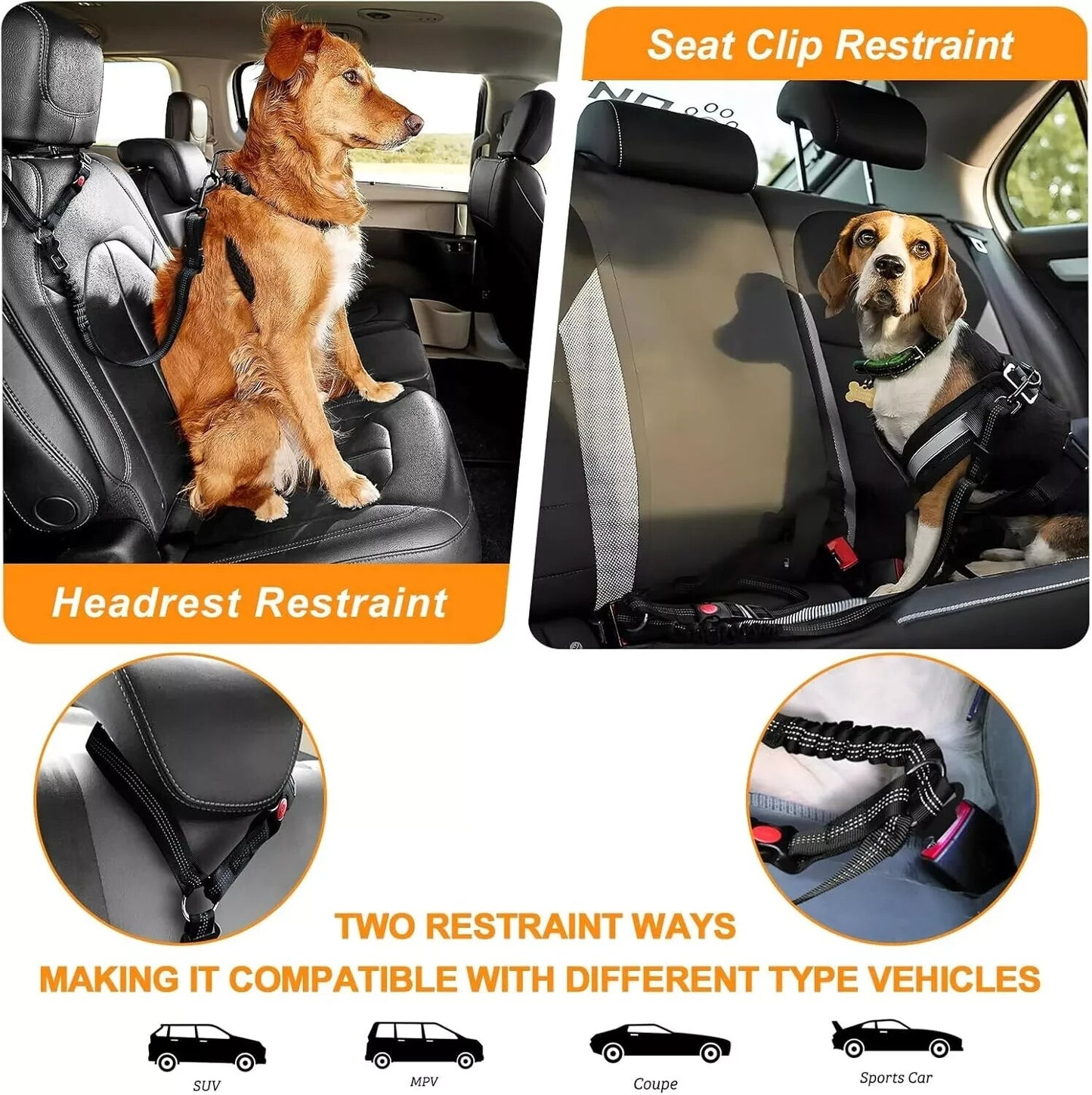Dog Seat Belt for Car 3-In-1 Dog Leash Seatbelt Bungee Adjustable Reflective
